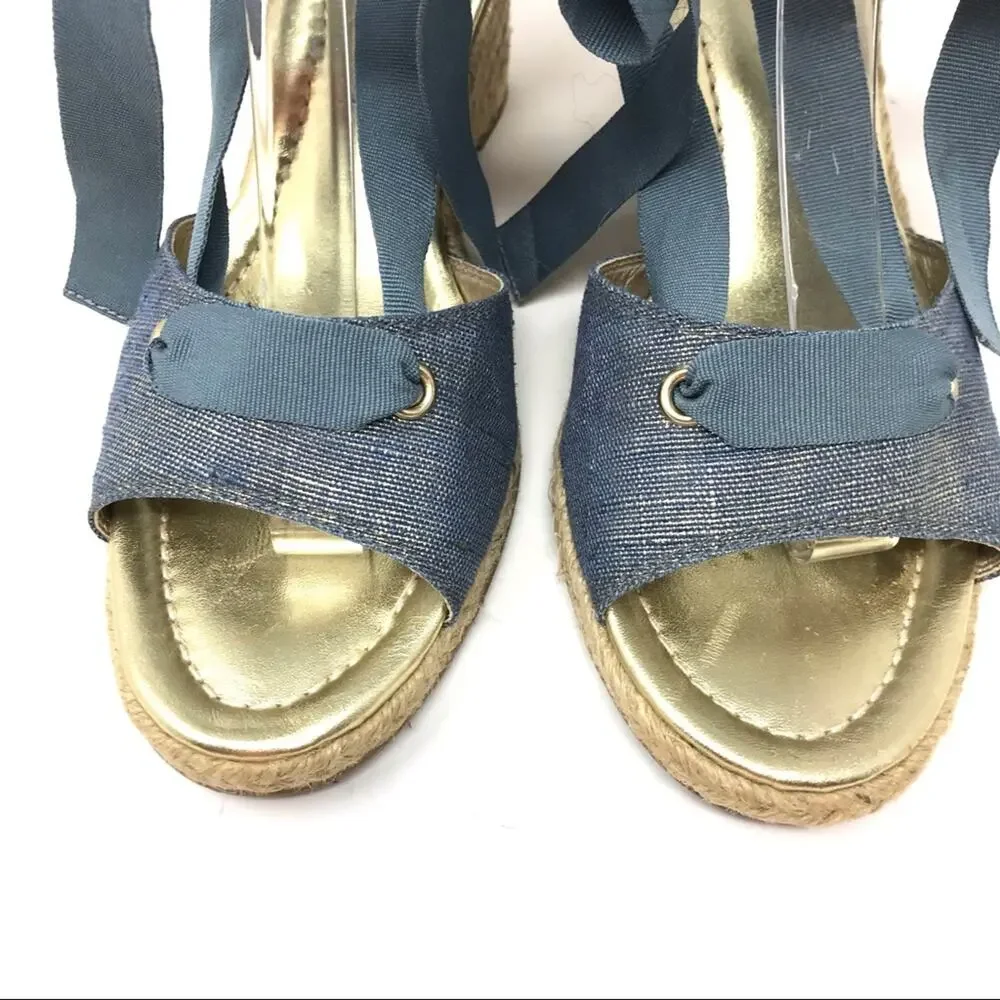 Antonio Melani-7 1/2-“Ariel” Blue Metallic Ankle Wrap Espadrille Wedge Sandals